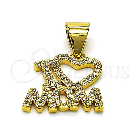 Oro Laminado Fancy Pendant, Gold Filled Style Mom and Heart Design, with White Micro Pave, Polished, Golden Finish, 05.342.0197