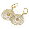 Oro Laminado Dangle Earring, Gold Filled Style Flower and Filigree Design, with White Crystal, Polished, Golden Finish, 61.001