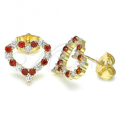 Oro Laminado Stud Earring, Gold Filled Style Heart Design, with Garnet and White Micro Pave, Polished, Golden Finish, 02.156.0499.1