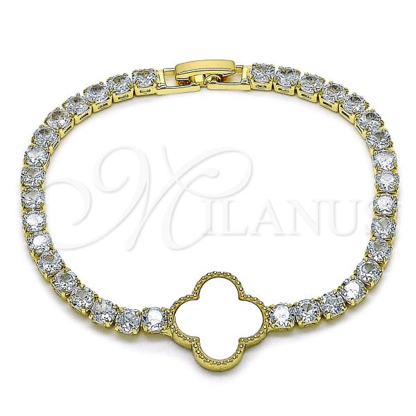 Oro Laminado Fancy Bracelet, Gold Filled Style Four-leaf Clover Design, with Ivory Mother of Pearl and White Cubic Zirconia, Polished, Golden Finish, 03.283.0420.2.07