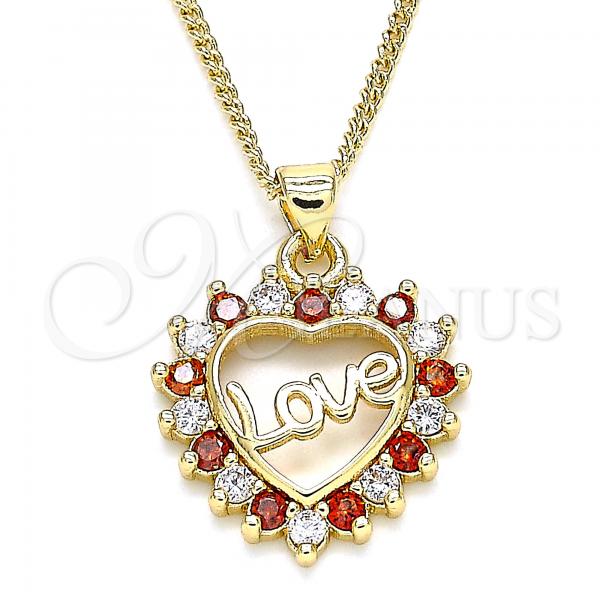 Oro Laminado Pendant Necklace, Gold Filled Style Heart and Love Design, with Garnet and White Cubic Zirconia, Polished, Golden Finish, 04.156.0047.1.20