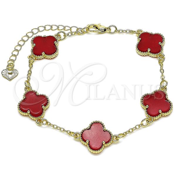 Oro Laminado Fancy Bracelet, Gold Filled Style Four-leaf Clover and Rolo Design, with Garnet Mother of Pearl, Polished, Golden Finish, 03.414.0001.1.07