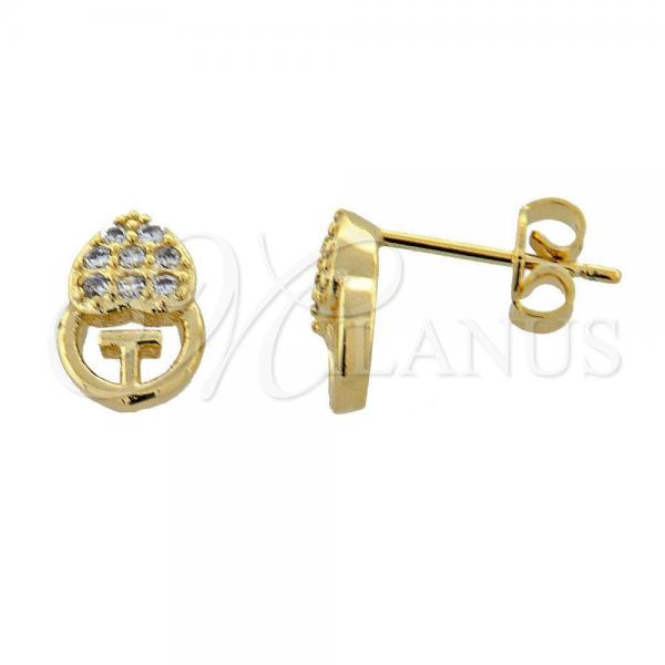 Oro Laminado Stud Earring, Gold Filled Style Heart Design, with White Micro Pave, Polished, Golden Finish, 02.168.0013