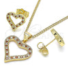 Oro Laminado Earring and Pendant Adult Set, Gold Filled Style Heart Design, with Garnet and White Micro Pave, Polished, Golden Finish, 10.156.0285.1