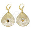 Oro Laminado Dangle Earring, Gold Filled Style Leaf and Filigree Design, with White Crystal, Diamond Cutting Finish, Golden Finish, 73.006