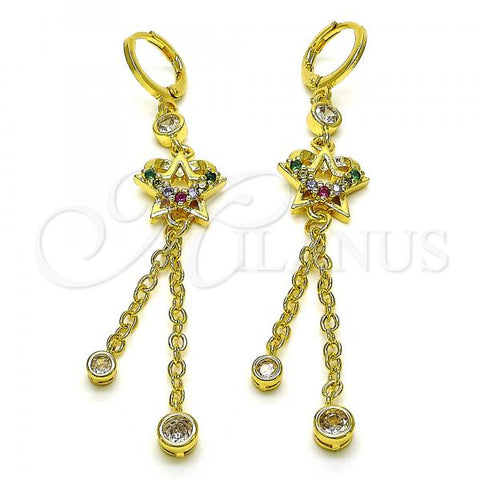 Oro Laminado Long Earring, Gold Filled Style Star and Heart Design, with Multicolor and White Cubic Zirconia, Polished, Golden Finish, 02.316.0092.1