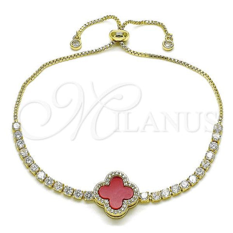 Oro Laminado Adjustable Bolo Bracelet, Gold Filled Style Four-leaf Clover and Box Design, with Garnet Mother of Pearl and White Cubic Zirconia, Polished, Golden Finish, 03.411.0070.2.11