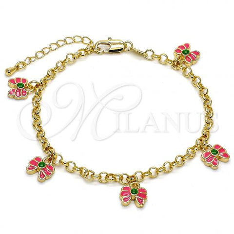 Oro Laminado Charm Bracelet, Gold Filled Style Butterfly and Rolo Design, Pink Enamel Finish, Golden Finish, 03.63.1362.07