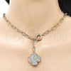 Oro Laminado Pendant Necklace, Gold Filled Style Four-leaf Clover and Heart Design, with White Crystal, Polished, Golden Finish, 04.63.1437.20