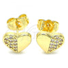 Oro Laminado Stud Earring, Gold Filled Style Heart Design, with White Micro Pave, Polished, Golden Finish, 02.156.0491