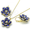 Oro Laminado Earring and Pendant Adult Set, Gold Filled Style Flower Design, with Sapphire Blue and White Crystal, Polished, Golden Finish, 10.64.0158.1