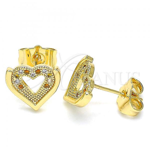 Oro Laminado Stud Earring, Gold Filled Style Heart Design, with Garnet and White Micro Pave, Polished, Golden Finish, 02.156.0511.1