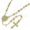 Oro Laminado Thin Rosary, Gold Filled Style Jesus and Crucifix Design, with White Crystal, Polished, Tricolor, 09.253.0049.22