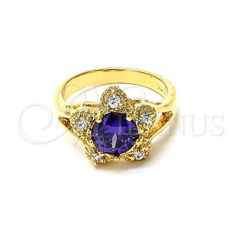 Oro Laminado Multi Stone Ring, Gold Filled Style Flower Design, with Amethyst and White Cubic Zirconia, Polished, Golden Finish, 5.169.014.09 (Size 9)