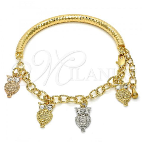 Oro Laminado Charm Bracelet, Gold Filled Style Owl and Hollow Design, with White Crystal, Diamond Cutting Finish, Tricolor, 03.63.1827.1.08