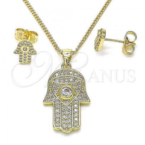 Oro Laminado Earring and Pendant Adult Set, Gold Filled Style Hand of God Design, with White Micro Pave and White Cubic Zirconia, Polished, Golden Finish, 10.156.0358