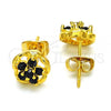 Oro Laminado Stud Earring, Gold Filled Style Flower Design, with Black Cubic Zirconia, Polished, Golden Finish, 02.349.0001.1