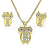 Oro Laminado Earring and Pendant Adult Set, Gold Filled Style Owl Design, with Ruby Cubic Zirconia and White Micro Pave, Polished, Golden Finish, 10.156.0392