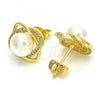 Oro Laminado Stud Earring, Gold Filled Style Ball Design, with White Cubic Zirconia and Ivory Pearl, Polished, Golden Finish, 02.156.0351