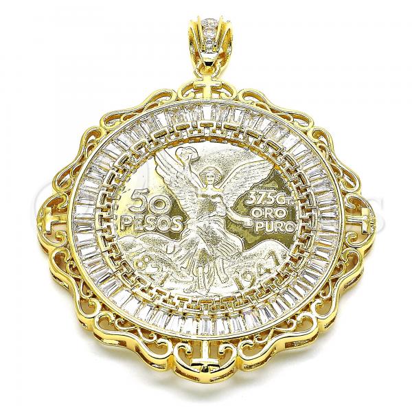 Oro Laminado Religious Pendant, Gold Filled Style Centenario Coin and Angel Design, with White Cubic Zirconia, Polished, Golden Finish, 05.253.0079