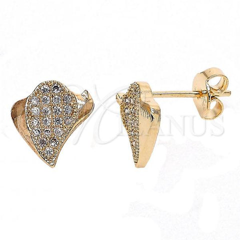 Oro Laminado Stud Earring, Gold Filled Style Leaf Design, with White Micro Pave, Polished, Rose Gold Finish, 02.122.0074