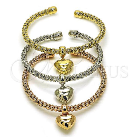 Oro Laminado Trio Bangle, Gold Filled Style Heart Design, Polished, Tricolor, 07.282.0013