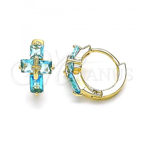 Oro Laminado Huggie Hoop, Gold Filled Style Cross Design, with Blue Topaz Cubic Zirconia, Polished, Golden Finish, 02.210.0552.2.12