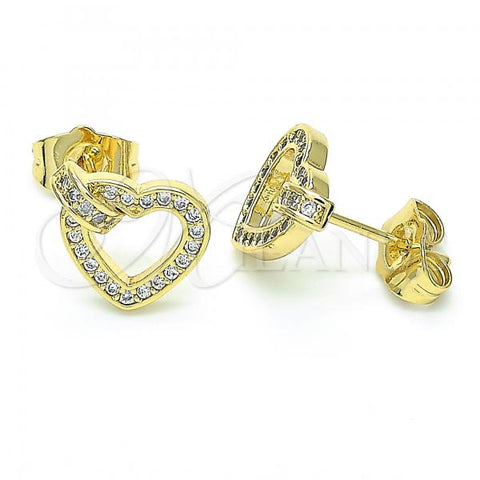 Oro Laminado Stud Earring, Gold Filled Style Heart Design, with White Micro Pave, Polished, Golden Finish, 02.156.0388