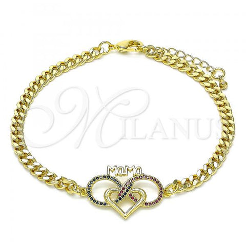 Oro Laminado Adjustable Bolo Bracelet, Gold Filled Style Heart and Infinite Design, with Ruby and Sapphire Blue Micro Pave, Polished, Golden Finish, 03.341.0157.08
