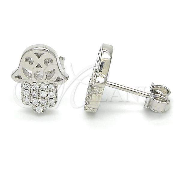 Sterling Silver Stud Earring, Hand of God Design, with White Cubic Zirconia, Polished, Rhodium Finish, 02.336.0041