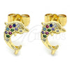 Oro Laminado Stud Earring, Gold Filled Style Dolphin Design, with Multicolor Micro Pave, Polished, Golden Finish, 02.344.0064.2