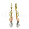 Oro Laminado Long Earring, Gold Filled Style Leaf Design, Diamond Cutting Finish, Tricolor, 02.63.2141