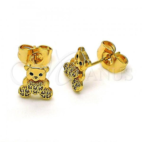 Oro Laminado Stud Earring, Gold Filled Style Teddy Bear Design, with White and Black Micro Pave, Polished, Golden Finish, 02.310.0106