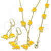 Oro Laminado Earring and Pendant Children Set, Gold Filled Style Elephant Design, with White Crystal, Yellow Enamel Finish, Golden Finish, 06.60.0006.2