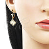 Oro Laminado Dangle Earring, Gold Filled Style Four-leaf Clover Design, Diamond Cutting Finish, Golden Finish, 02.414.0013