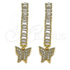 Oro Laminado Long Earring, Gold Filled Style Butterfly Design, with White Cubic Zirconia and White Micro Pave, Polished, Golden Finish, 02.283.0039