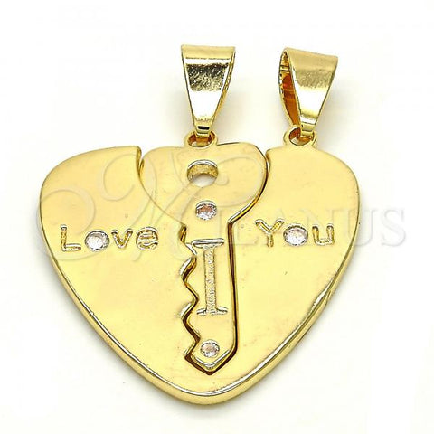 Oro Laminado Fancy Pendant, Gold Filled Style key and Heart Design, with White Cubic Zirconia, Polished, Golden Finish, 05.179.0059