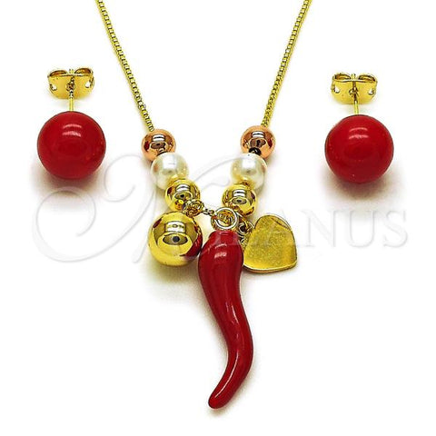Oro Laminado Necklace and Earring, Gold Filled Style Chili and Heart Design, with Ivory Pearl, Red Enamel Finish, Two Tone, 06.417.0024