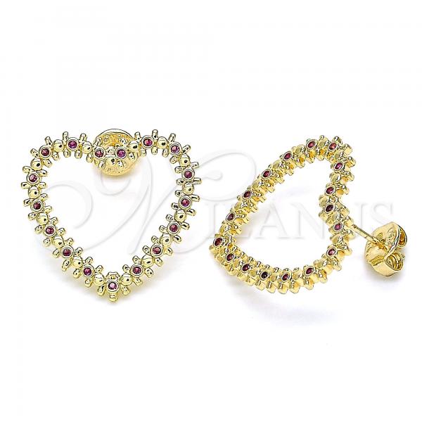 Oro Laminado Stud Earring, Gold Filled Style Heart Design, with Ruby Micro Pave, Polished, Golden Finish, 02.156.0439.1