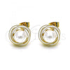Oro Laminado Stud Earring, Gold Filled Style Love Knot Design, with Ivory Pearl, White Enamel Finish, Golden Finish, 02.379.0013