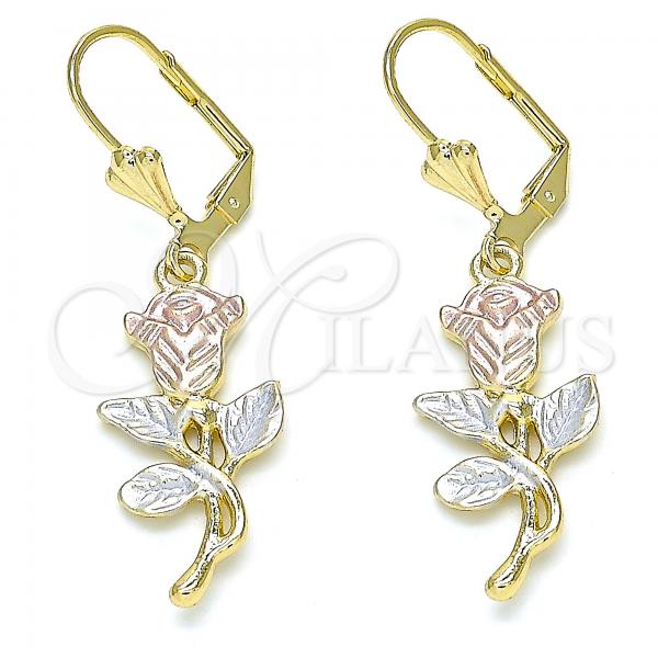 Oro Laminado Dangle Earring, Gold Filled Style Flower and Leaf Design, Polished, Tricolor, 02.351.0070.1