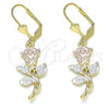 Oro Laminado Dangle Earring, Gold Filled Style Flower and Leaf Design, Polished, Tricolor, 02.351.0070.1