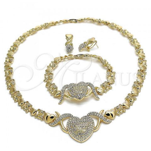 Oro Laminado Necklace, Bracelet and Earring, Gold Filled Style Heart and Hugs and Kisses Design, with White Crystal, Polished, Golden Finish, 06.372.0011