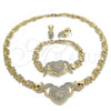 Oro Laminado Necklace, Bracelet and Earring, Gold Filled Style Heart and Hugs and Kisses Design, with White Crystal, Polished, Golden Finish, 06.372.0011