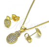 Oro Laminado Earring and Pendant Adult Set, Gold Filled Style Pineapple Design, with White Micro Pave, Polished, Golden Finish, 10.156.0436