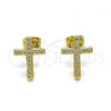 Oro Laminado Stud Earring, Gold Filled Style Cross Design, with White Micro Pave, Polished, Golden Finish, 02.213.0523