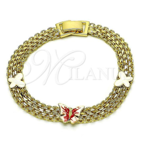 Oro Laminado Fancy Bracelet, Gold Filled Style Butterfly and Bismark Design, White Enamel Finish, Golden Finish, 03.331.0219.07