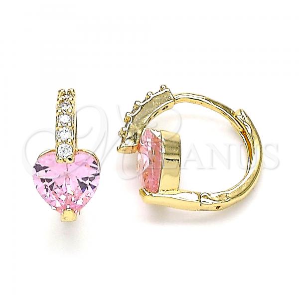 Oro Laminado Huggie Hoop, Gold Filled Style Heart Design, with Pink and White Cubic Zirconia, Polished, Golden Finish, 02.210.0652.4.15
