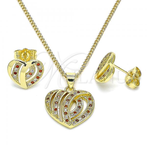 Oro Laminado Earring and Pendant Adult Set, Gold Filled Style Heart Design, with Garnet and White Micro Pave, Polished, Golden Finish, 10.199.0034.2