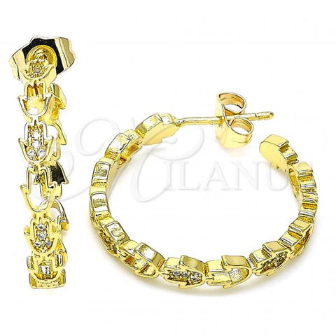 Oro Laminado Stud Earring, Gold Filled Style Hand of God Design, with White Micro Pave, Polished, Golden Finish, 02.341.0061